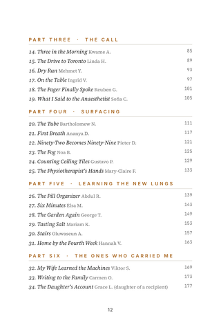 Contents page 2 of New Breath: the 50 Lung Transplant stories in this volume