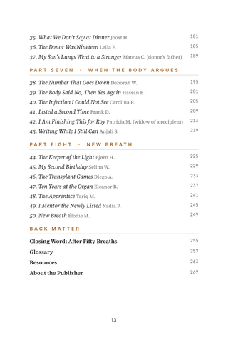 Contents page 3 of New Breath: the 50 Lung Transplant stories in this volume