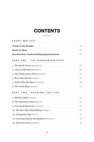 Contents page 1 of Open Channel: the 50 Spinal Stenosis stories in this volume