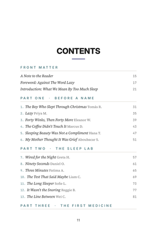 Contents page 1 of Oversleeping: the 50 Hypersomnia stories in this volume