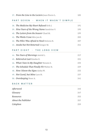 Contents page 3 of Oversleeping: the 50 Hypersomnia stories in this volume