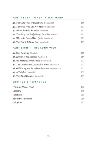 Contents page 3 of Positive Living: the 50 HIV Management stories in this volume