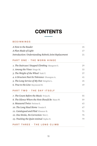 Contents page 1 of Precision Fit: the 50 Robotic Joint Replacement stories in this volume