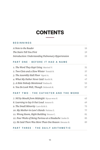 Contents page 1 of Pressure in the Lungs: the 50 Pulmonary Hypertension stories in this volume
