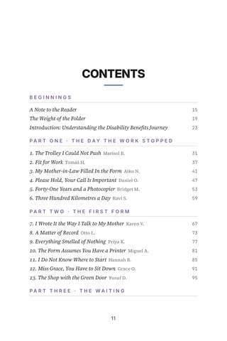 Contents page 1 of Proving the Invisible: the 50 Disability Benefits stories in this volume