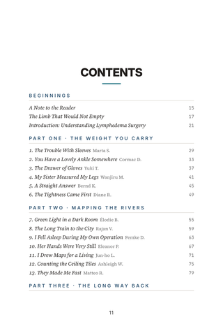 Contents page 1 of Rerouting the Flow: the 50 Lymphedema Surgery stories in this volume