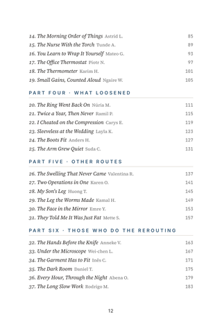 Contents page 2 of Rerouting the Flow: the 50 Lymphedema Surgery stories in this volume
