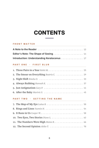 Contents page 1 of Reshaping Vision: the 50 Keratoconus stories in this volume