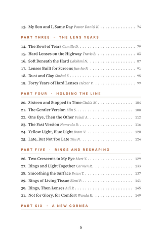 Contents page 2 of Reshaping Vision: the 50 Keratoconus stories in this volume