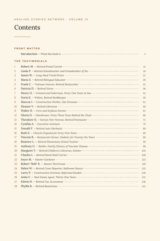 Contents page 1 of Restoring the Flow: the 50 Peripheral Artery Disease stories in this volume