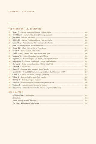 Contents page 2 of Restoring the Flow: the 50 Peripheral Artery Disease stories in this volume