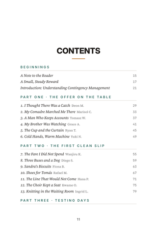 Contents page 1 of Rewarding Recovery: the 50 Contingency Management stories in this volume