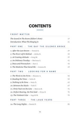 Contents page 1 of Ringing True: the 50 Tinnitus stories in this volume
