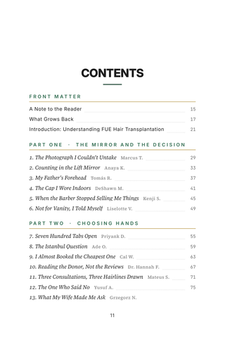 Contents page 1 of Rooted Again: the 50 Hair Transplant (FUE) stories in this volume