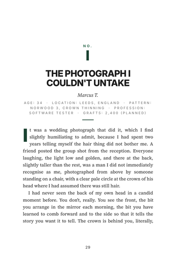 Sample page 4 from Rooted Again: Follicular Unit Extraction (FUE) Hair Transplant Stories