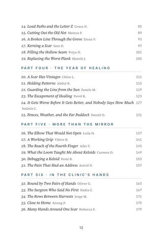 Contents page 2 of Scar Rewritten: the 50 Scar Revision Surgery stories in this volume