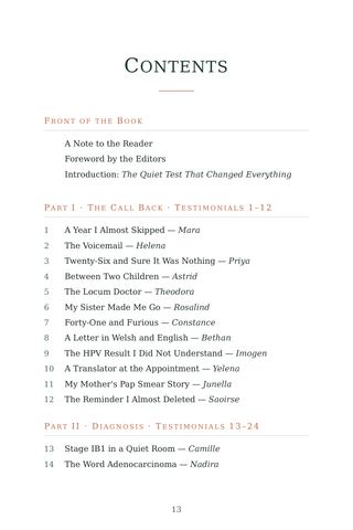 Contents page 1 of Screening Saved Me: the 50 Cervical Cancer stories in this volume