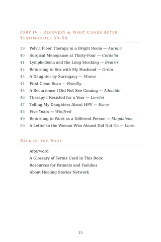 Contents page 3 of Screening Saved Me: the 50 Cervical Cancer stories in this volume