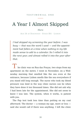 Sample page 1 from Screening Saved Me — a first-person Cervical Cancer story