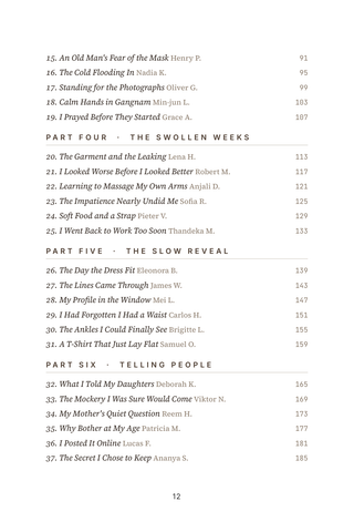 Contents page 2 of Sculpted: the 50 Liposuction stories in this volume