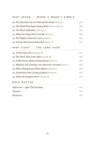 Contents page 3 of Sculpted: the 50 Liposuction stories in this volume