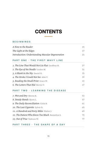 Contents page 1 of Seeing Through: the 50 Macular Degeneration in Seniors stories in this volume