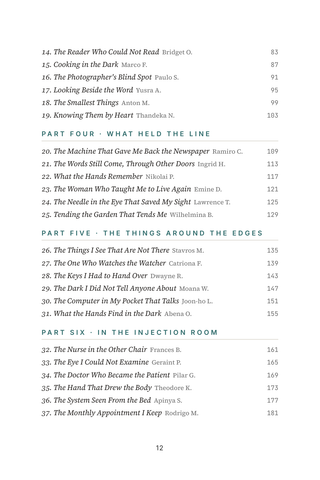 Contents page 2 of Seeing Through: the 50 Macular Degeneration in Seniors stories in this volume