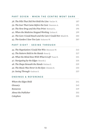 Contents page 3 of Seeing Through: the 50 Macular Degeneration in Seniors stories in this volume