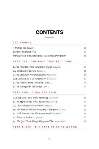 Contents page 1 of Sorting Truth from Feed: the 50 Health Misinformation stories in this volume