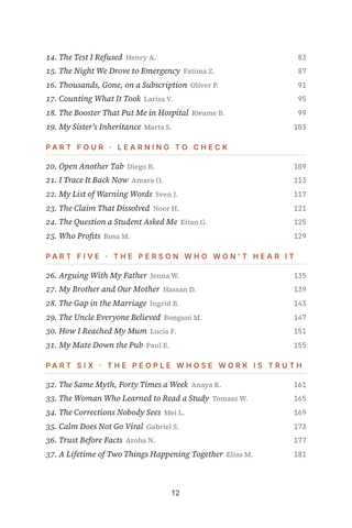 Contents page 2 of Sorting Truth from Feed: the 50 Health Misinformation stories in this volume