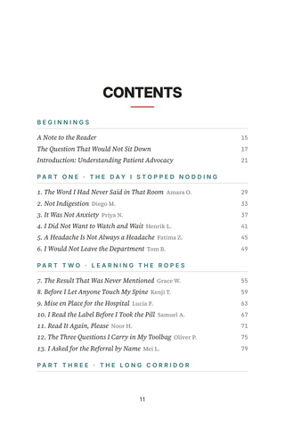Contents page 1 of Speak Up: the 50 Navigating the Healthcare System stories in this volume