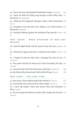 Contents page 3 of Speak Up: the 50 Navigating the Healthcare System stories in this volume