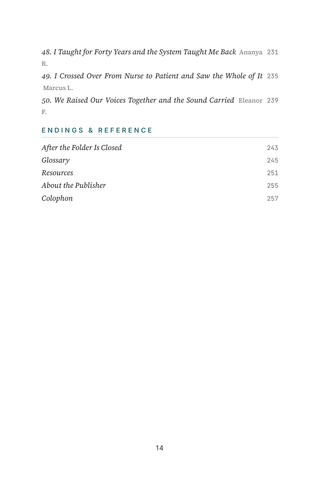 Contents page 4 of Speak Up: the 50 Navigating the Healthcare System stories in this volume