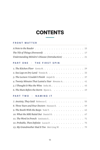 Contents page 1 of Spinning World: the 50 Meniere's Disease stories in this volume