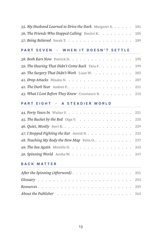 Contents page 3 of Spinning World: the 50 Meniere's Disease stories in this volume