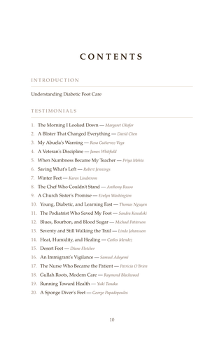 Contents page 1 of Standing Strong: the 50 Diabetic Foot Care stories in this volume
