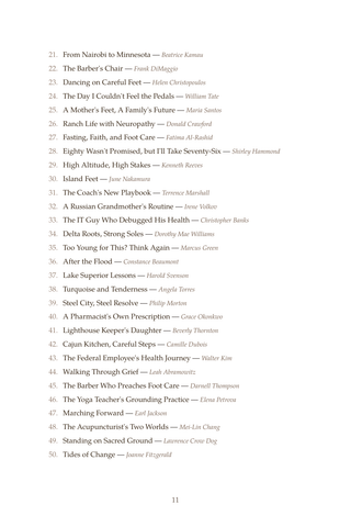 Contents page 2 of Standing Strong: the 50 Diabetic Foot Care stories in this volume