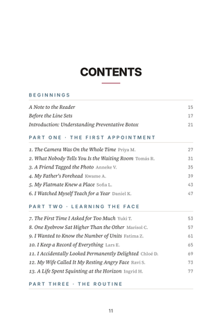 Contents page 1 of Starting Early: the 50 Preventative Botox stories in this volume