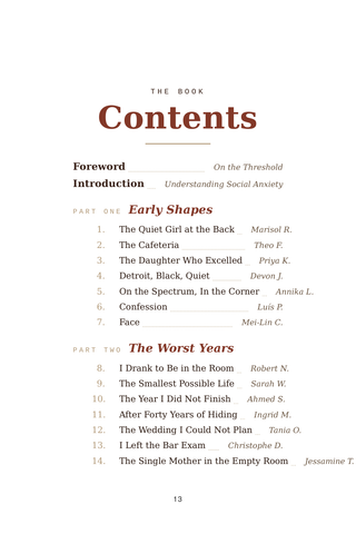 Contents page 1 of Stepping Out: the 50 Social Anxiety stories in this volume
