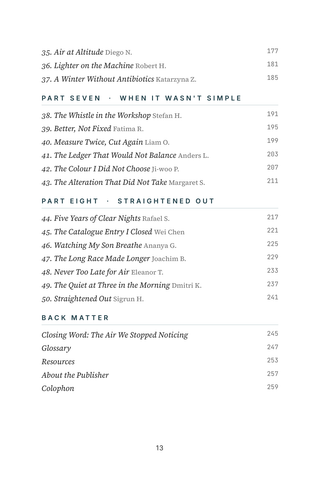 Contents page 3 of Straightened Out: the 50 Deviated Septum Surgery stories in this volume
