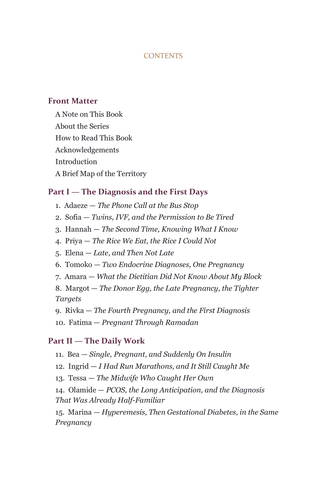 Contents page 1 of Sweet Expectations: the 50 Gestational Diabetes stories in this volume