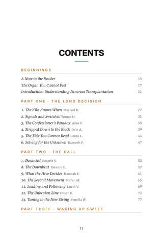 Contents page 1 of Sweet Release: the 50 Pancreas Transplant stories in this volume