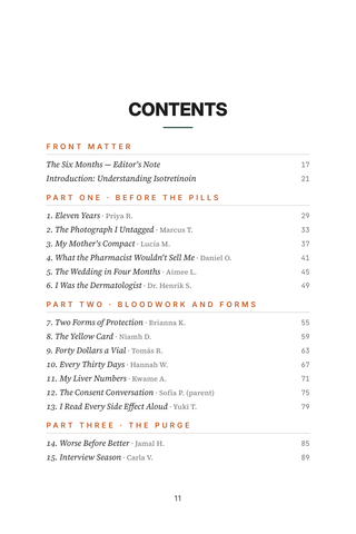 Contents page 1 of The Accutane Journey: the 50 Accutane/Isotretinoin stories in this volume
