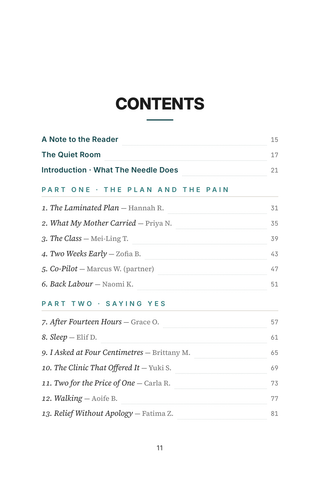 Contents page 1 of The Epidural Decision: the 50 Epidural Experiences stories in this volume