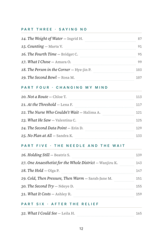 Contents page 2 of The Epidural Decision: the 50 Epidural Experiences stories in this volume