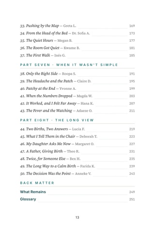 Contents page 3 of The Epidural Decision: the 50 Epidural Experiences stories in this volume