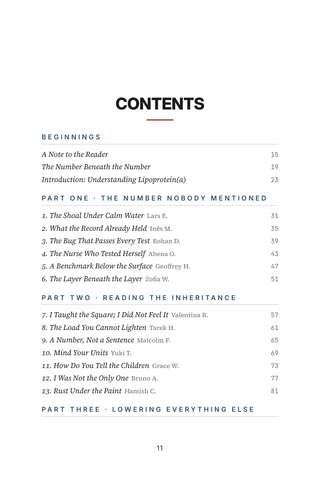 Contents page 1 of The Inherited Risk: the 50 Lipoprotein(a) stories in this volume