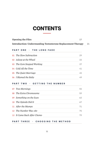 Contents page 1 of The Testosterone Replacement Therapy (TRT) Files: the 50 Testosterone Replacement Therapy stories in this volume