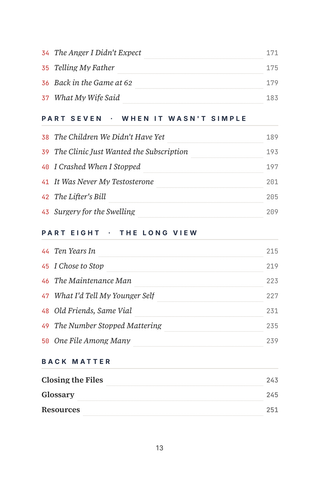 Contents page 3 of The Testosterone Replacement Therapy (TRT) Files: the 50 Testosterone Replacement Therapy stories in this volume