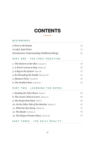 Contents page 1 of Tiny Reactions: the 50 Pediatric Allergies stories in this volume
